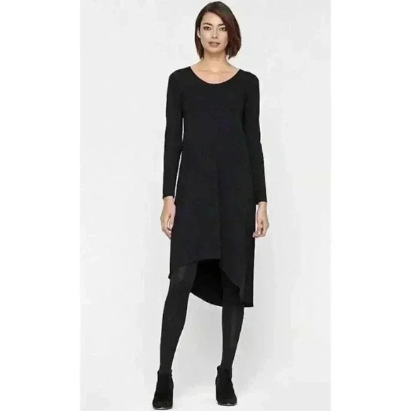 EILEEN FISHER BLACK VISCOSE JERSEY ASYMMETRICAL DRESS S SMALL KNIT MIDI NWOT - Picture 2 of 9